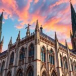 Szent Péter és Pál-katedrális gótikus tornyai Brnóban a naplementében.