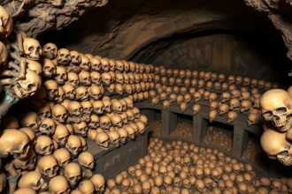 Szent Jakab-templom csontkápolnája Brnóban, kézzel készített koponyák