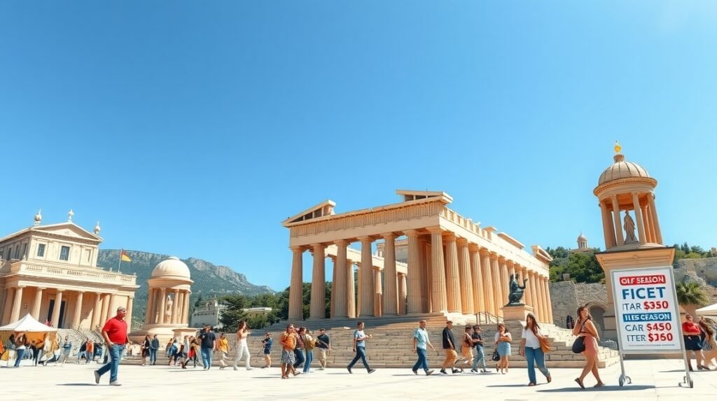 Athén városnézés szezonon kívül, turisták a híres múzeumnál és régészeti helyszínen.