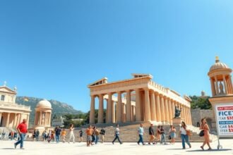 Athén városnézés szezonon kívül, turisták a híres múzeumnál és régészeti helyszínen.