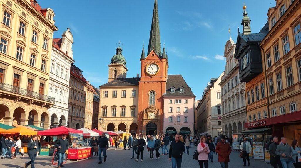 Szabadság tér, Brno nyüzsgő városi élet és piac