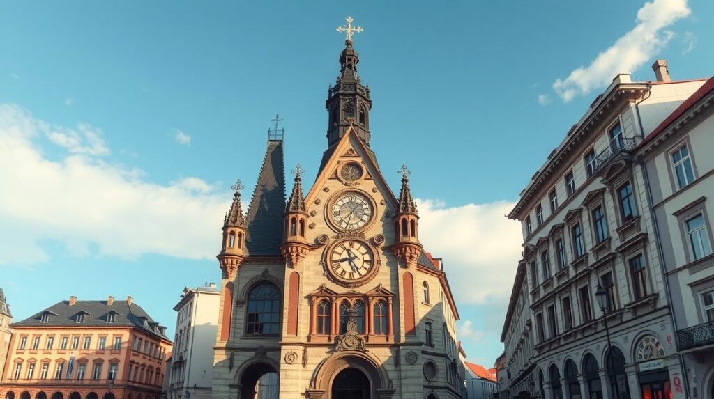 Brno különleges csillagászati óra épülete kék ég alatt