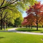 Lužánky park Brno zöld területe, virágzó rétekkel és sétálókkal.