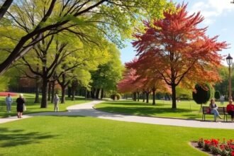 Lužánky park Brno zöld területe, virágzó rétekkel és sétálókkal.