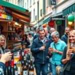 Emberek borokat és söröket kóstolnak Brnóban egy piacon.