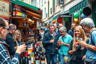 Emberek borokat és söröket kóstolnak Brnóban egy piacon.