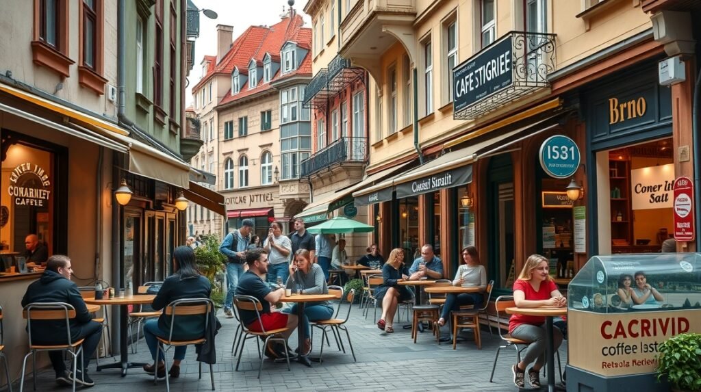 Kávézók és teraszok Brno macskaköves utcájában