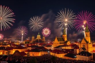 Tűzijáték Brno városában az Ignis Brunensis fesztivál alatt