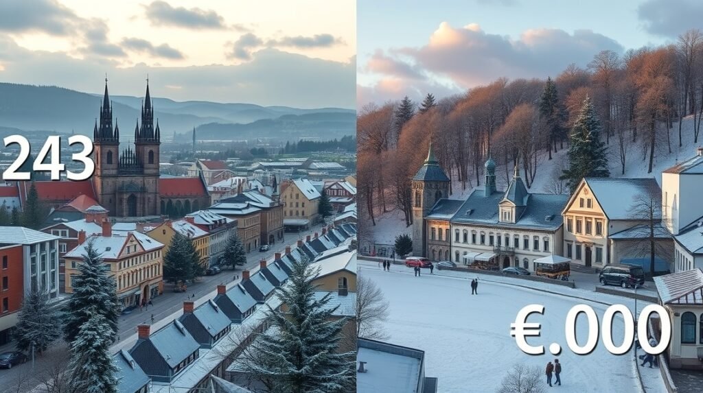 Téli városkép Krakkóban és Zakopanében, hóval borított táj.