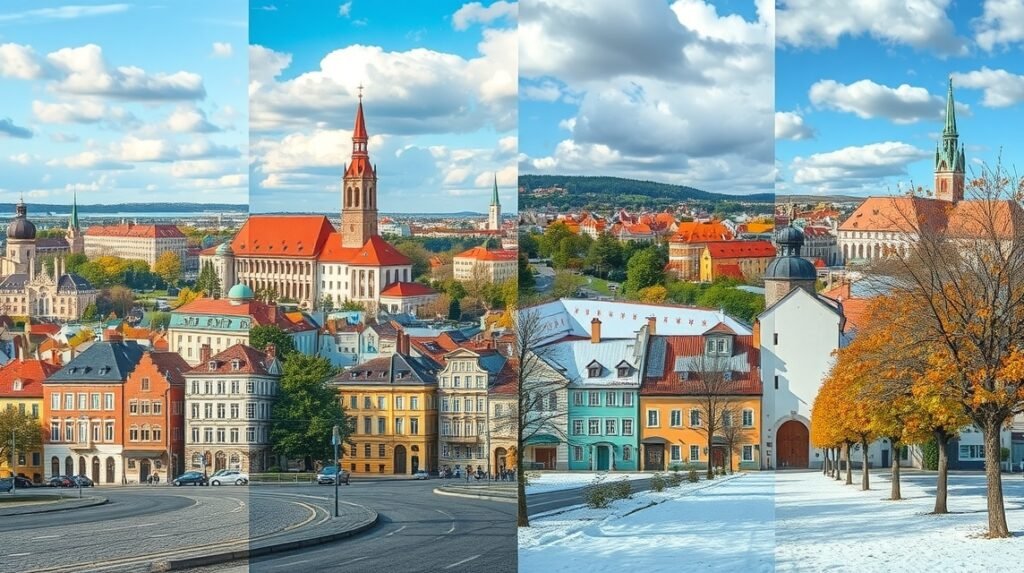 Brno városképe négy évszakban, színes házakkal és történelmi templomokkal.