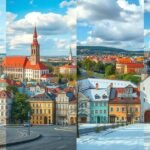 Brno városképe négy évszakban, színes házakkal és történelmi templomokkal.