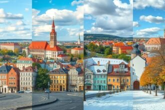 Brno városképe négy évszakban, színes házakkal és történelmi templomokkal.