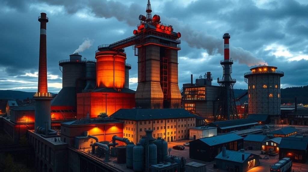 Dolní Vítkovice ipari öröksége Ostravában, éjszaka világító kohók