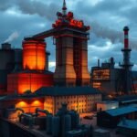 Dolní Vítkovice ipari öröksége Ostravában, éjszaka világító kohók