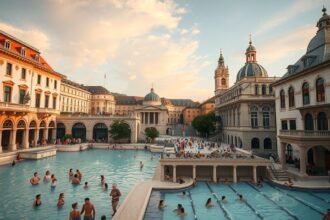 Budapesti fürdő, naplementében, turistákkal az uszodában