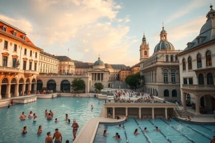 Budapesti fürdő, naplementében, turistákkal az uszodában