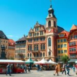 Masaryk tér, Ostrava - színes épületekkel és piaccal