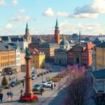 Stockholm városának panorámája, virágzó tavaszi időben.