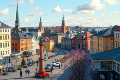 Stockholm városának panorámája, virágzó tavaszi időben.