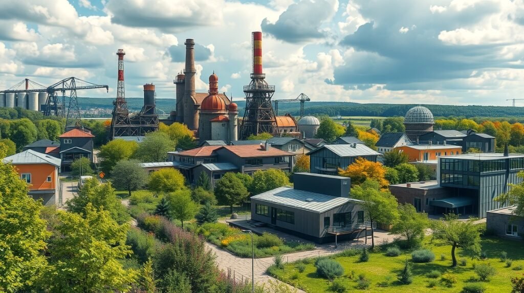 Ostrava ipari területe átalakulás előtt és után, zöld oázis.