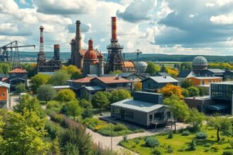 Ostrava ipari területe átalakulás előtt és után, zöld oázis.