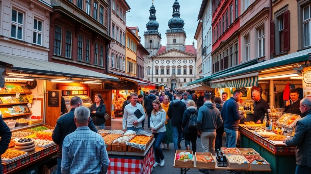 Ostravai gasztronómiai piacon helyi ételek és sörök bemutatása