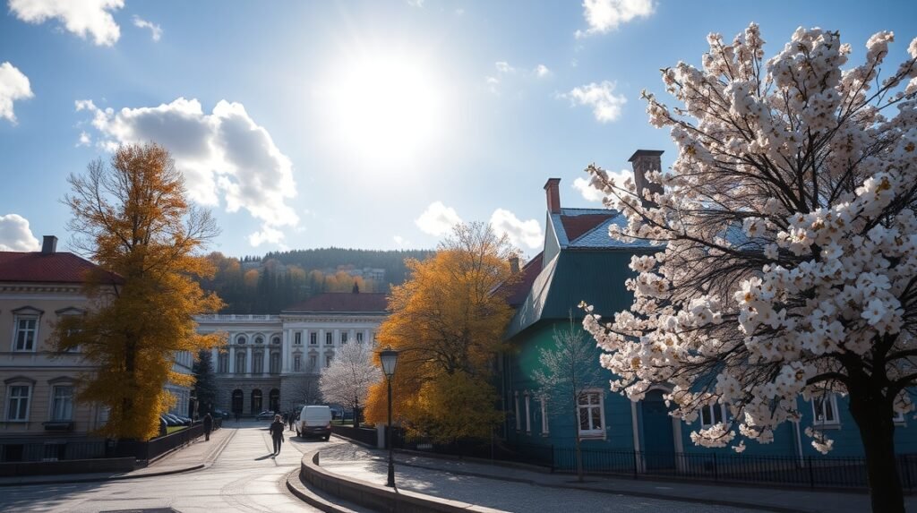 Ostrava városkép tavaszi napsütésben, virágzó fák és színes épületek.