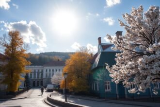 Ostrava városkép tavaszi napsütésben, virágzó fák és színes épületek.