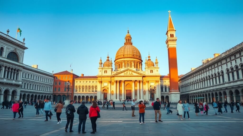 A Szent Márk tér és a Bazilika Velencében a naplementében.
