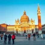A Szent Márk tér és a Bazilika Velencében a naplementében.