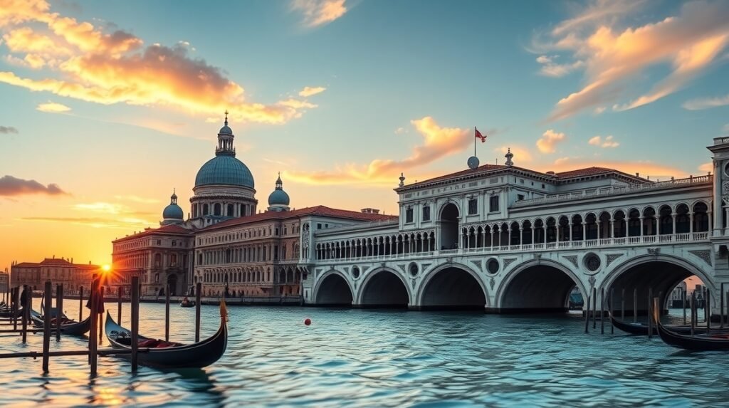 Dózse-palota és Sóhajok hídja Velence vízpartján naplementében