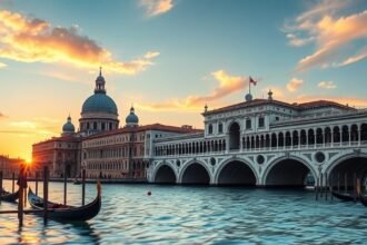 Dózse-palota és Sóhajok hídja Velence vízpartján naplementében