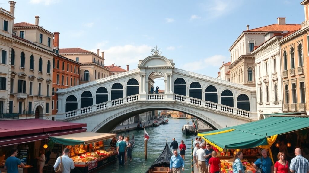A Rialto híd és a velencei piac forgataga a Canal Grande mellett