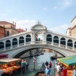 A Rialto híd és a velencei piac forgataga a Canal Grande mellett