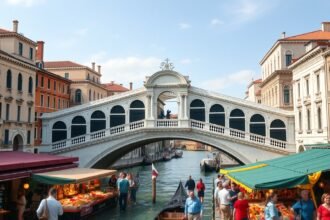A Rialto híd és a velencei piac forgataga a Canal Grande mellett
