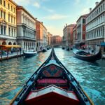 Gondolázás a Canal Grandén Velencében, gyönyörű paloták között.