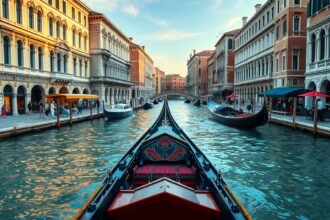 Gondolázás a Canal Grandén Velencében, gyönyörű paloták között.
