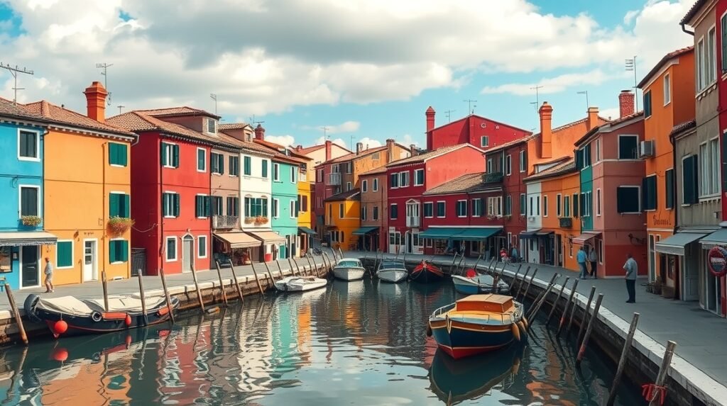 Burano színes házai és csatornája Velencében, Olaszországban