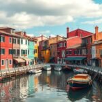 Burano színes házai és csatornája Velencében, Olaszországban