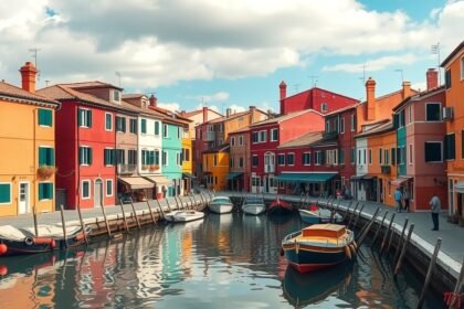 Burano színes házai és csatornája Velencében, Olaszországban