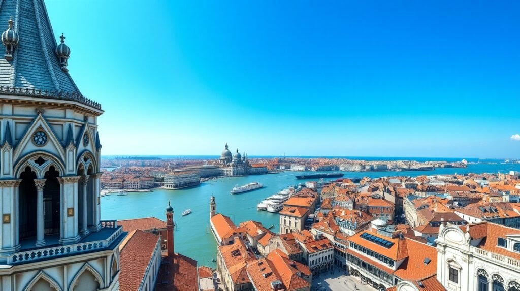 Kilátás a Szent Márk harangtoronyból Velencére, lagúna és csatornák.