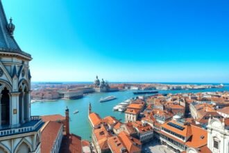 Kilátás a Szent Márk harangtoronyból Velencére, lagúna és csatornák.