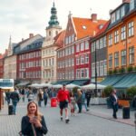 Koppenhága színes épületekkel és forgalmas utcájával.