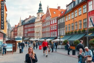 Koppenhága színes épületekkel és forgalmas utcájával.