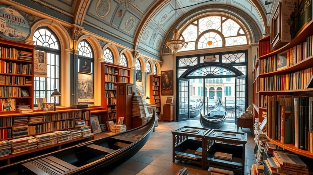 A Libreria Acqua Alta könyvesbolt belső nézete Velencében.