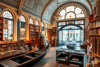 A Libreria Acqua Alta könyvesbolt belső nézete Velencében.