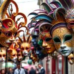 Színes velencei álarcok a Velencei Karnevál során