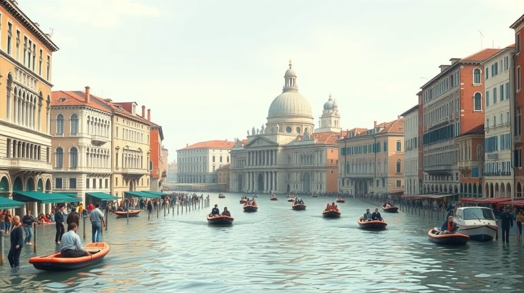 Velencei csatorna Acqua Alta idején, sok hajóval és látogatóval.