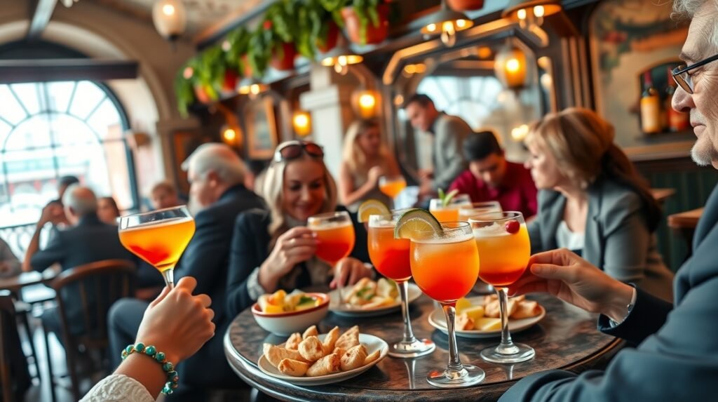 Cicchetti falatkák és Spritz italok Velencében, baráti találkozó.