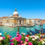 Velence csodás látképe virágokkal és gondolákkal a vízen